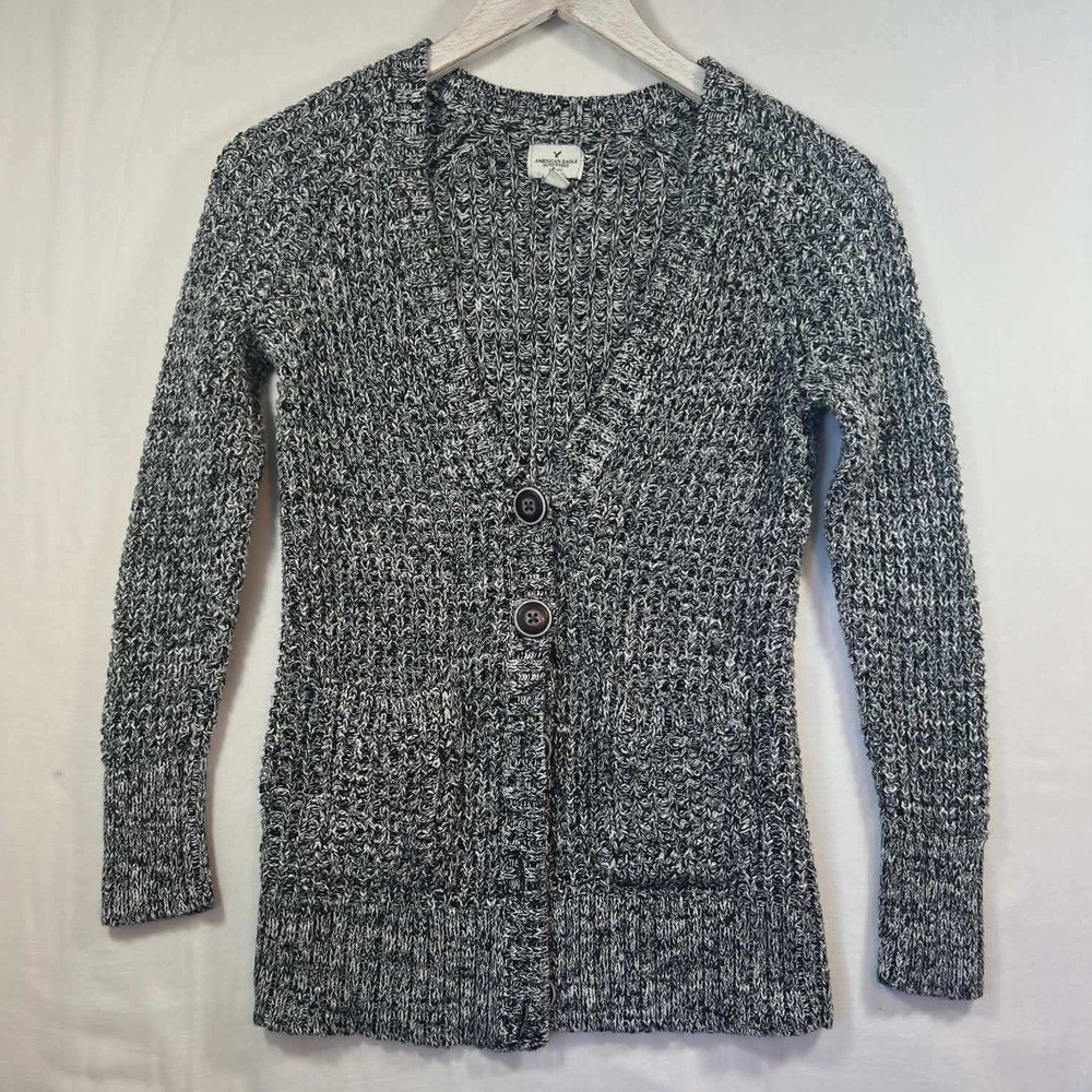 American Eagle Outfitters Womens Medium Black White‎ Marled Knit Button Cardigan